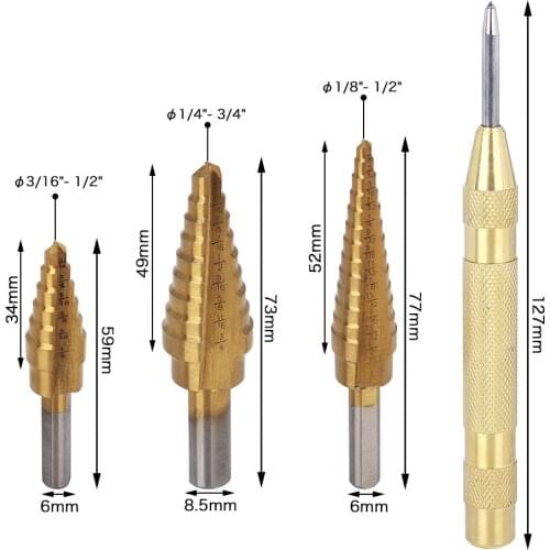 Hakkin 3pcs Titanium Coated Two Fluted Titanium Step Drill Bits Set Detailed Classification Aperture W/ Automatic Center Punch