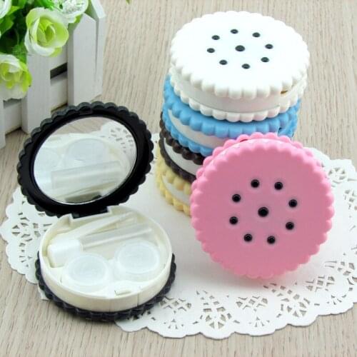 5pcs High quality Cute Cartoon Cookies Shape Partner box Candy color round Contact Lens Box With mirror Nursing box 7.5*2.2CM
