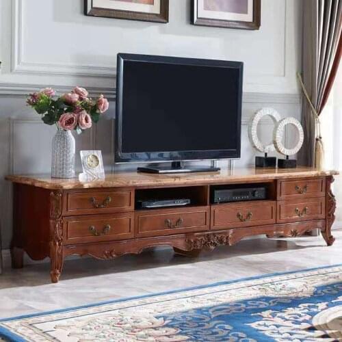 American solid wood marble TV cabinet combination set tea table side several European living room light luxury carving