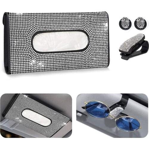 Car Sun Visor Sparkly Tissue Box Holder Crystals Napkin Holder Paper Cover Case W/ Glasses Holders and 2 Mask Hook Clip