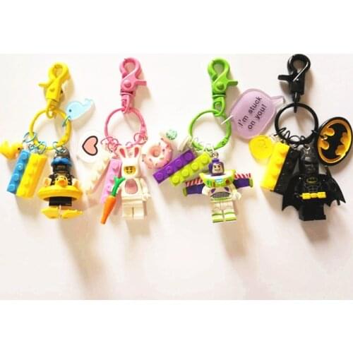Cute Buzz Lightyear Super Heros Figures Doll Keychain Building Block Key Ring Pendant for Women Bag Backpack Accessories