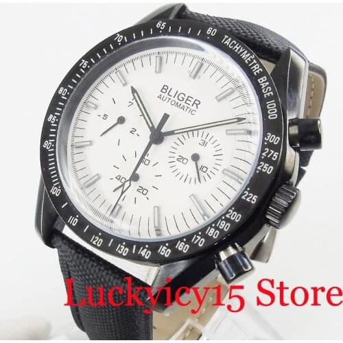 BLIGER Mechanical Self Winding PVD Plated Men Watch Black / White/ Red Dial Wristwatch Leather Strap