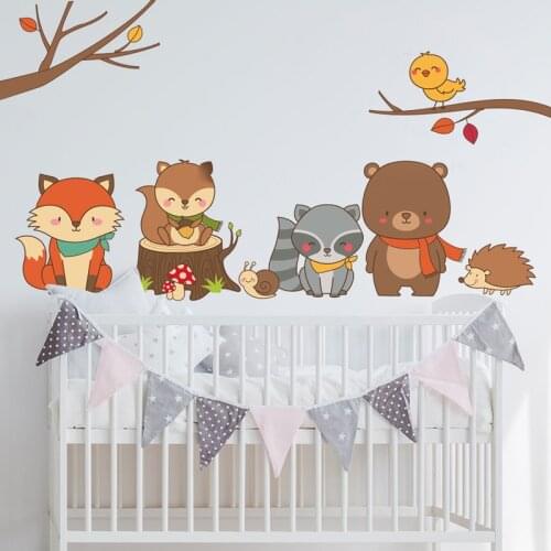 Baby Fox Bear Cartoon DIY Forest Animal Wall Sticker for Kids Room Nursery Dorm Removable Funny PVC Mural Decals Home Decor