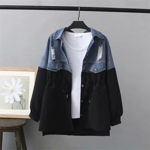 Harajuku Jeans Jacket Women Clothes Spring Autumn Long Sleeve Drawstring Denim Coat Female Patchwork Plus Size Windbreaker H1439