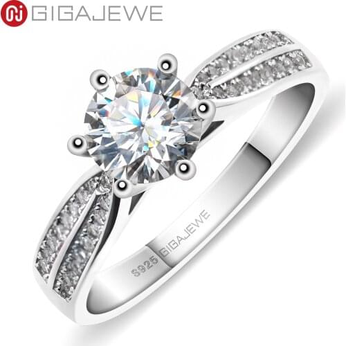 GIGAJEWE 1.0ct 6.5mm EF Round 18K White Gold Plated 925 Silver Moissanite Ring Diamond Test Passed Jewelry Girlfriend Gift