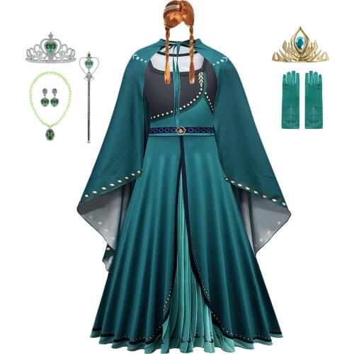 Frozen 2 Girls Anna Dress Kids Costume with Cloak Children Cosplay Princess Clothes Snow Queen Halloween Birthday Party Dresses