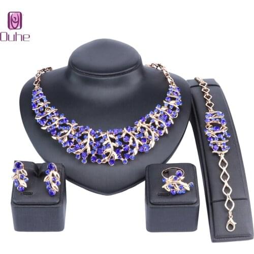 Women Party Bridal Fine Crystal African Beads Jewelry Sets For Wedding Party Dinner Dress Necklace Earring Bracelet Ring Sets