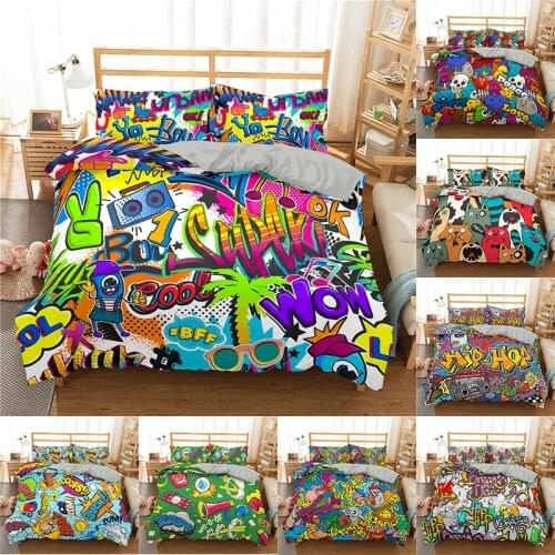 Fashion Bedding Set Cartoon Graffiti Polyester Duvet Cover Set Pillowcase Home Textile Single King Twin Double Full Queen Size