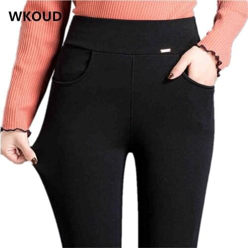 WKOUD High Waist Leggings For Women Black Solid Skinny Stretch Leggings Plus Size Fitness Legging Female Spring Fall Pants P8868