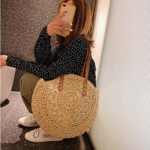 Summer Beach Bags Vintage Handmade Round Shoulder Bags Rattan Woven Round Straw Bag Handbag Boho Messenger Crossbody Bag Pouch