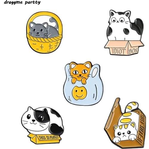 Cute Cat Basket Box Shape Brooch Enamel Pins Lapel Badge Funny Animal Jewelry Gift For Kids Friends Brooches Enamel
