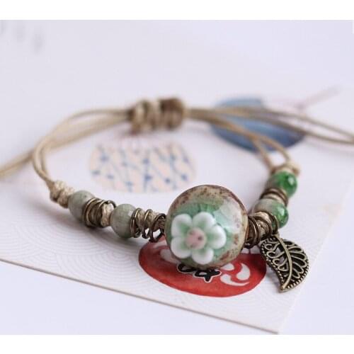 Fashion Women Hand-Woven Ceramic Beaded Bracelet Girls Ethnic Style Pendant Bracelets Chain Jewelry