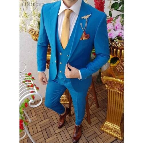 Custom Made Men Suits Blue Groom Tuxedos Peak Lapel Groomsmen Wedding Bridegroom 3 Pieces ( Jacket + Pants + Vest + Tie ) D135