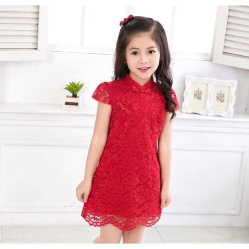 New Arrival Chinese Dress Girl Summer 2019 Red Pink Lace Princess Girls Dress Cheongsam Kids Qipao Children Girl Clothes 90-140
