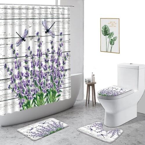 Romantic Purple Lavender Shower Curtain Hot Air Balloon Plants Flowers Garden Scenery Bathroom Decor Non-Slip Bath Mat Carpet