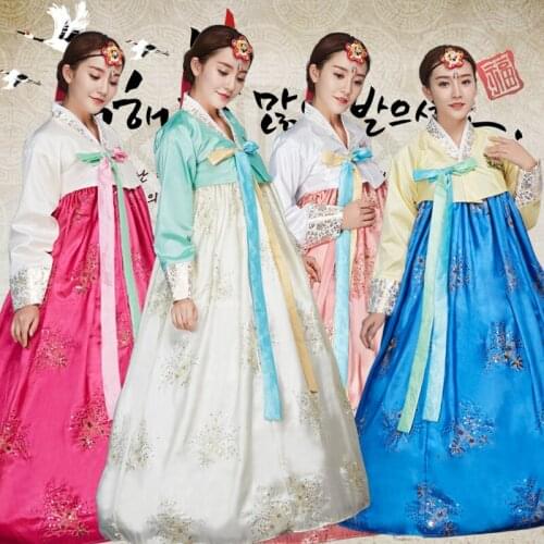 Blue Embroidery korean traditional dress pink women cotton hanbok korean national costume stage performance aisa clothing