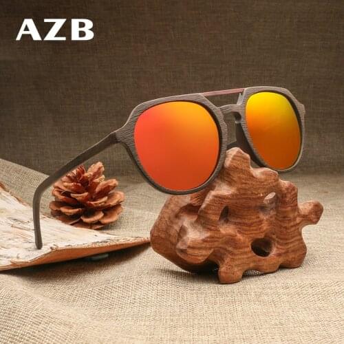 AZB Caoting Polarized Lens Sunglasses Wooden Retro Brand Design Hot Summer UV400 Sunglass for Men/Women Round Wood Sun Glasses