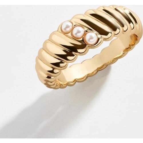 SRCOI Trendy Geometric Metal Texture Index Finger Ring Three Imitation Pearl Ring Women Party Jewelry Accessories 202103