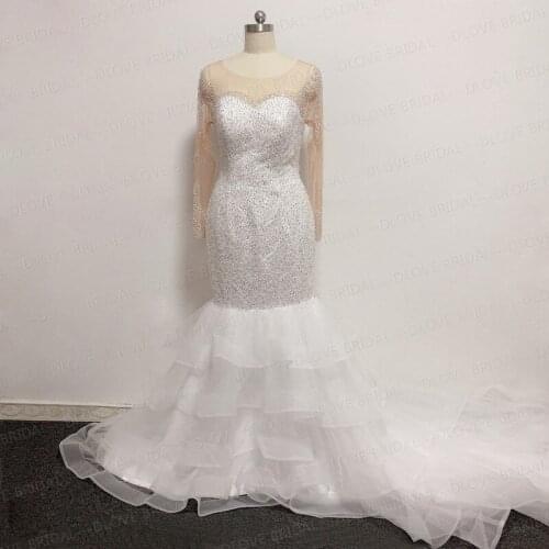 Mermaid Wedding Dress Full Beaded Bridal Gown with Long Sleeves DLOVE BRIDAL Real Work Photo