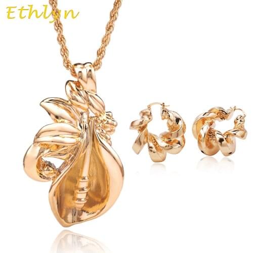 Ethlyn Unique Design Yellow Gold Color Hoop Earrings & Big Pendant Nigerian Women Jewelry Sets Bridal Party Accessories S212