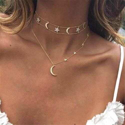 Bohemian Moon Star Pendant Necklace Gold Plated Zircon Multi Layer Necklace Clavicle Chain Ethnic Style Womens Jewelry