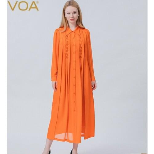 VOA Silk Jacquard Orange Doll Collar Single-breasted Multi-button Long-sleeved Pleated Stitching Crisp Draping Shirt Dress AE977