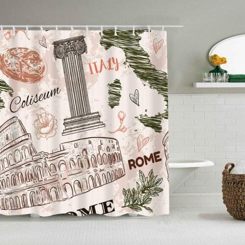 Polyester Fabric Shower Curtain Italian Rome Vintage Pattern Coliseum Italy Europe Architectural City Pizza Column Map