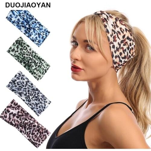 DUOJIAOYAN Womens Headband Fashion Leopard Print Multicolor Cross Knot Elastic Hairband Sports Girl Hair Accessories