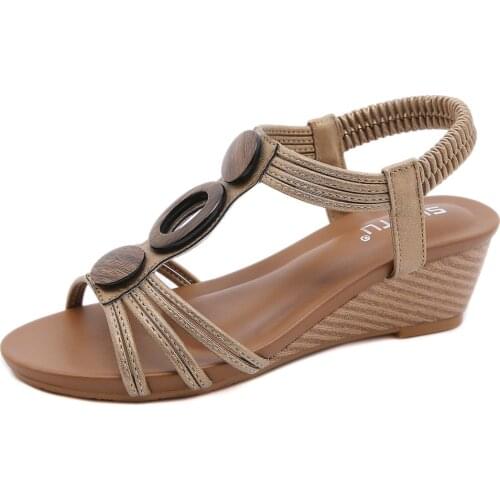 Wedge Elastic Band Back Strap Women Sandals Thick-Soled Summer Casual Soft-Soled Plus Size Retro Beaded Wood Grain Roman Shoes