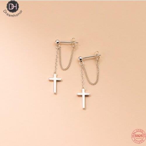 Dreamhonor Beautiful Elegant Solid 925 Sterling Silver Cross Tassel Chain Stud Earrings For Women Jewelry Wholesale