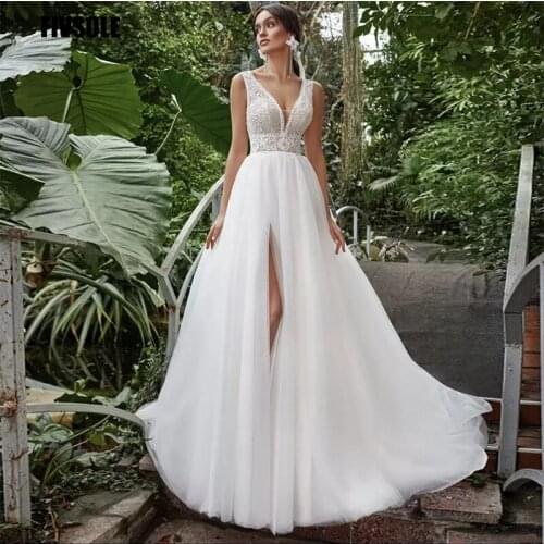 Charming Wedding Dress 2021 A-Line Sexy Side Slit V-Neck Tank Lace Embroidery Backless Sweep Train Bride Gown Vestidos De Noiva