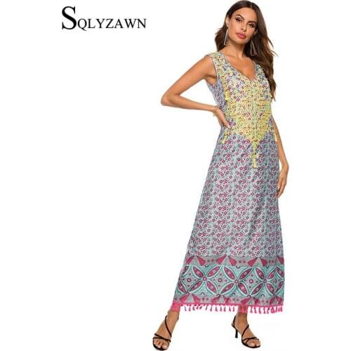 2020 Ladies Summer Dress Beach Long Bohemian V-neck Printed Sleeveless Fringe Casual Fashion Long Elegant Dress