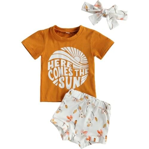2021 0-24M HERE COMES THE SUN Infant Baby Girl Clothing Letter Print Short Sleeve T-shirt Top+Floral High Waist Shorts 3pcs Set
