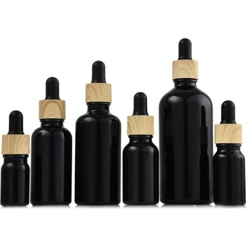 5pcs Wood Cover Black Refillable Dropper Bottle essential oil Glass Aromatherapy Liquid 5-100ml Drop for massage Pipette Bottles