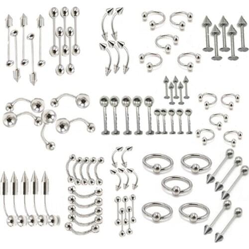 85Pcs/Bag Latest Puncture Accessories Tongue Stud Mixed Suit Stainless Steel Nail Eyebrow Lip Nose Screw