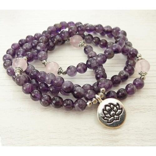 Amethysts & Rose Q-uartz Mala Necklace 108 Mala Beads Wrap Bracelet Yoga Gifts For Women Flower Lotus OM Lovely Jewelry Women