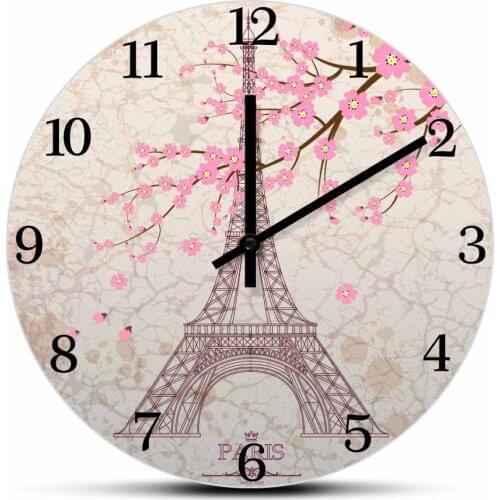 Eiffel Tower Pink Flowers Vintage Silent Movement Wall Clock Paris Landmark Home Decor Clock Watch European City Traveling Gift