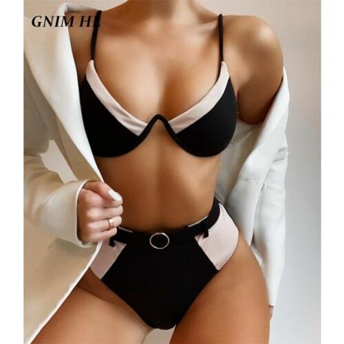 GNIM High Waist Patchwork Bikini Set 2021 Summer Swimwear Women Push Up 2 Pieces Beachwear Backless Swimsuit With Belt Biquini