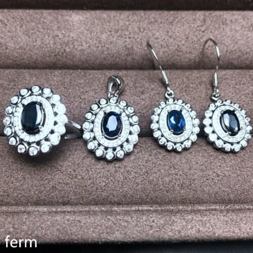 KJJEAXCMY exquisite jewelry 925 pure silver inlaid natural sapphire ladies jewelry set rings Pendant Earrings 3 sets