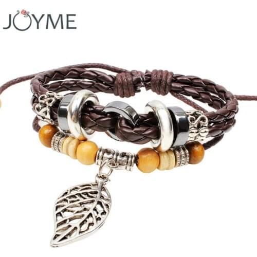 Brown PU Leather Bracelet Mens Bangle Stainless Steel Fashion Retro Vintage Leaves Charm Bracelets Jewelry For Men Women
