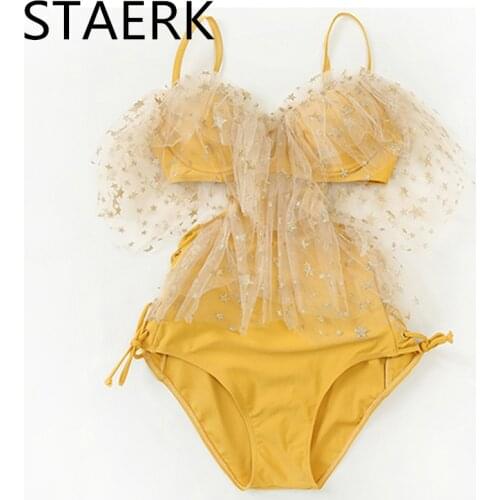 STAERK swimsuit women swimwear beach bandage maillot de bain one piece push up bra sexy Yellow Solid V neck Ruffle Sexy Monokini