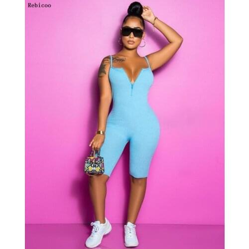 Summer Spaghetti Strap Fitness Playsuit Women Sexy Sleeveless Skinny Romper Casual Solid Bodyocn Ribbed Zipper Romper