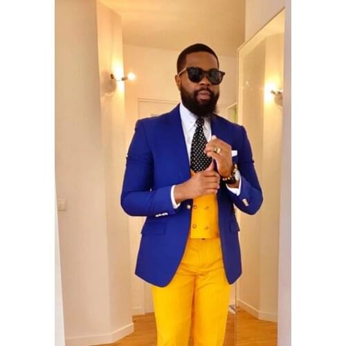 Fashion Royal Blue Jacket Yellow Vest Pant Costume Homme Wedding Slim Fit Groom Prom Terno Masculino Prom Blazers 3 Pieces