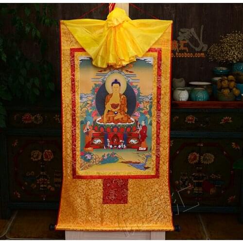 Wholesale Buddhist supplies--TOP Buddhism Home Decor ART silk the Buddha Shakyamuni Thang-ga Thangka Buddha painting gold color