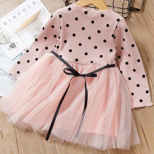 Autumn 2021 Korean Girls' Polka Dot Stitching Floating Rope Lace Up Dress Girls' Princess Gauze Skirt Childrens Wear