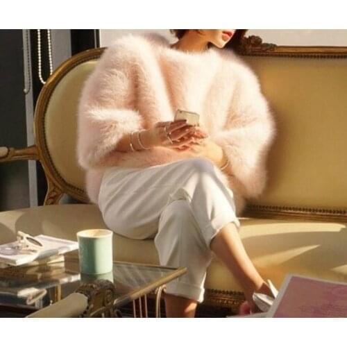 Autumn And Winter New Fashion Solid Color Round Neck Furry Faux Fur Seven-point Sleeve Warm Women