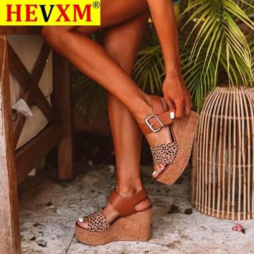 Leopard Fish Mouth Women wedges Sandals Retro Middle Heels Open Toe Ladies Shoes Buckle Strap hollow out Shoes Casual sandals