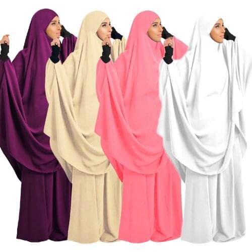 Women Abaya Muslim Prayer Set 2 Pieces Full Cover Hooded Khimar Dress Ramadan Islamic Arab Jilbab Maxi Robe Hijab Work Service