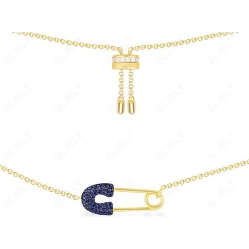 SLJELY Luxury Yellow Gold Color 925 Sterling Silver Navy Blue Safety Pin Pendant Necklace Simple Adjust Clavicle Chain for Women