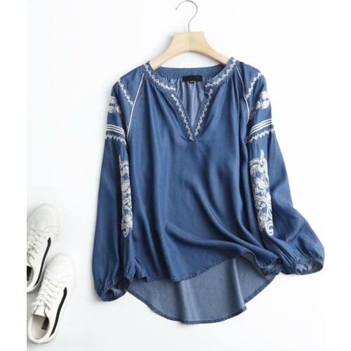 Spring embroidery denim shirt women cotton casual v neck soft light blue denim tops and blouses blusas mujer new
